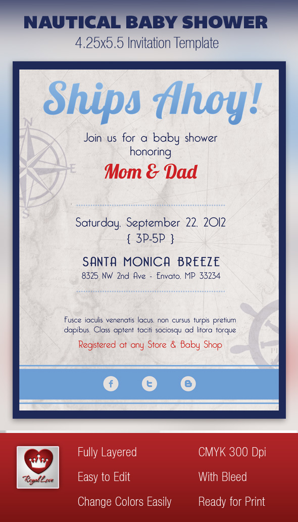 Royallove baby SHOWER best invitation blue boat boy card Classic design Event father flyer