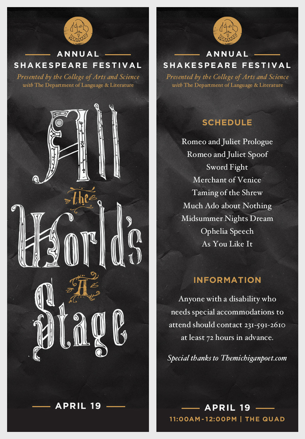shakespeare play texture letter letters william hamlet all the worlds a stage all world Stage black White black and white Ferris University bookmark poster postcard Event Branding Event