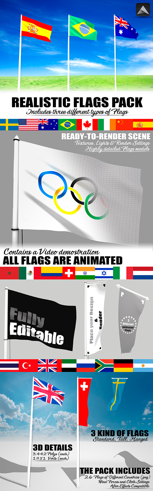 3D flags 3D model flags animated flags Australia Brazil Canada china colombia