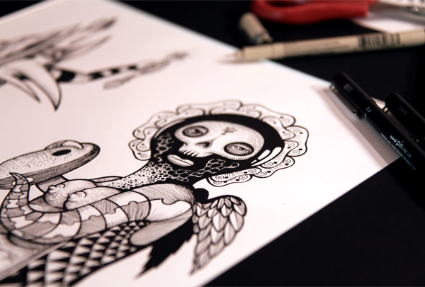 black and white skull dzo  handdrawn pen symbol art detail