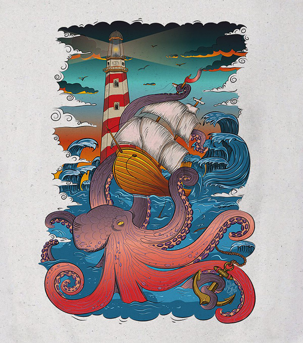 T-shirt design. Octopus tattoo by Julia Art