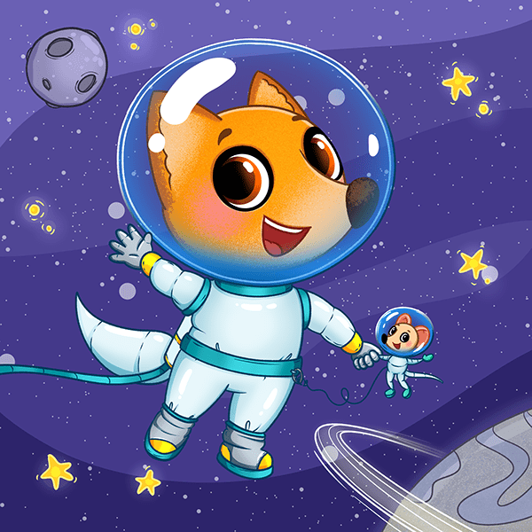 The little fox Olly in space, children illustrations