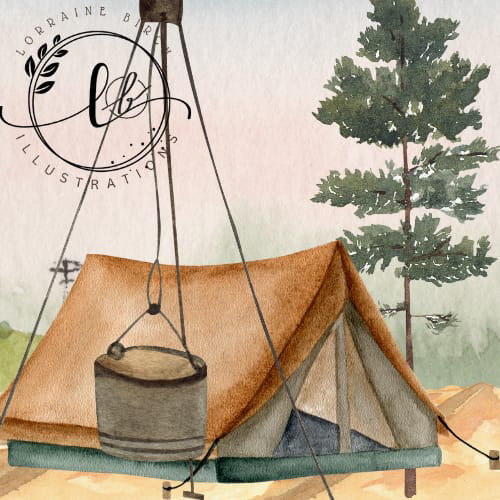 camping tent blue manly men Outdoor watercolor