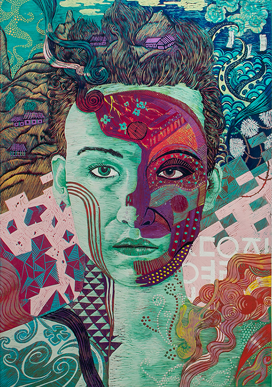 linocut  self-portrait colour linocut Natalia Trepczyk