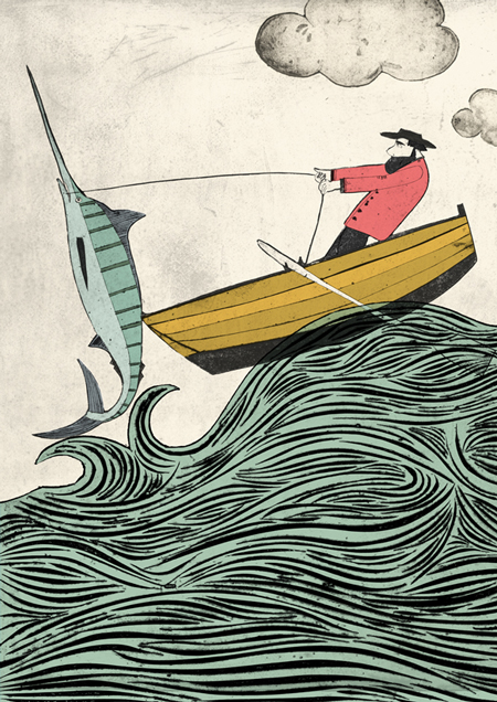 design collagraph print sea boat marlin hemingway