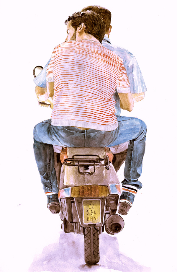 couple motorcicle Watercolours Road movie men