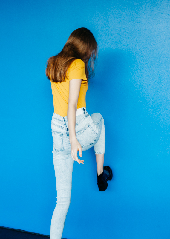 color yellow blue model editorial jeans shirt shoes sweater hair Form orange
