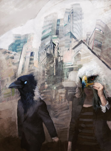 birds cityscape digital painting Transformation disguise