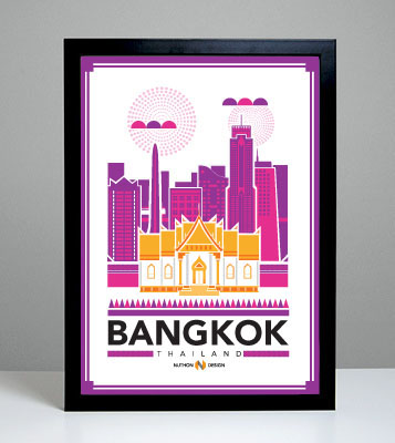 nuthon design poster city illustrate seoul Korea Bangkok Thailand New Zealand auckland One Tree Hill sky tower seoul tower namsan tower culture traditional temple palace king Buddha peaceful colour green brown purple