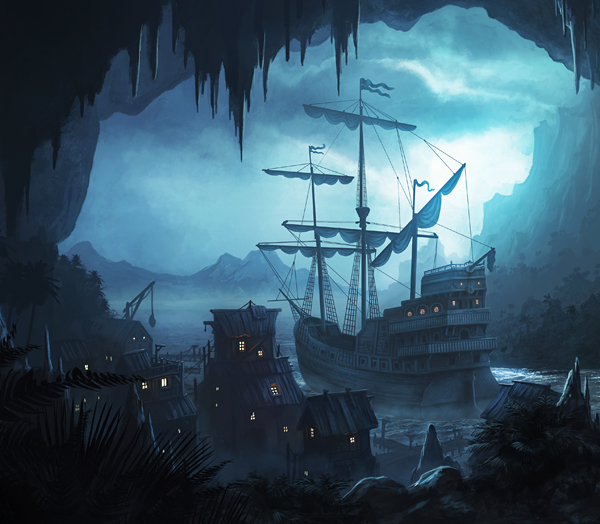 science fiction pirate ship fantasy Cove forest concept art concept