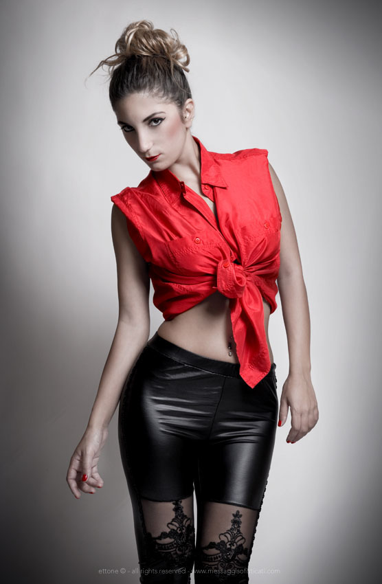 SILK blouse red black dark darkness Style knotted shirt pockets models desaturation lighting effect concept