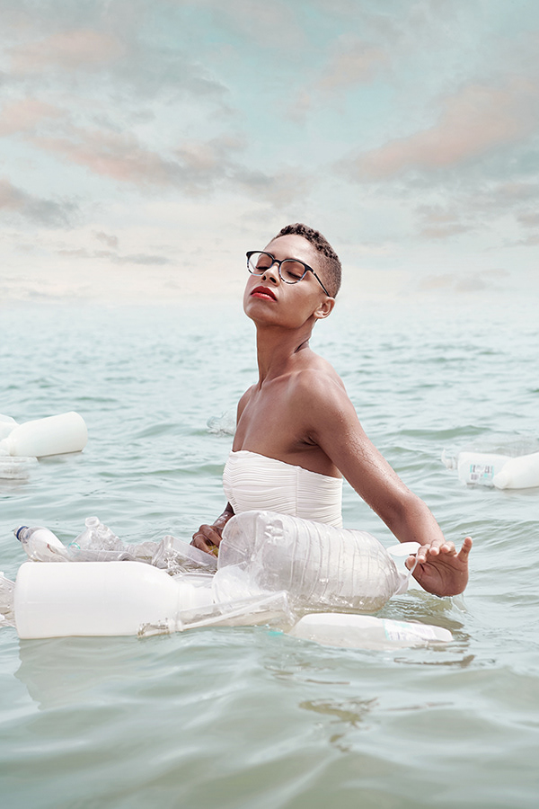 Conceptual fashion shoot to illustrate the sustainable eyewear and timepieces created from trash.