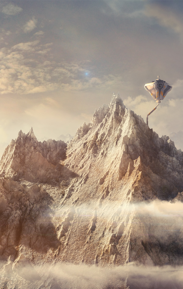 mountains Matte Painting sunset Sci Fi sci-fi spaceship planet Return Fly composition building Landscape environment