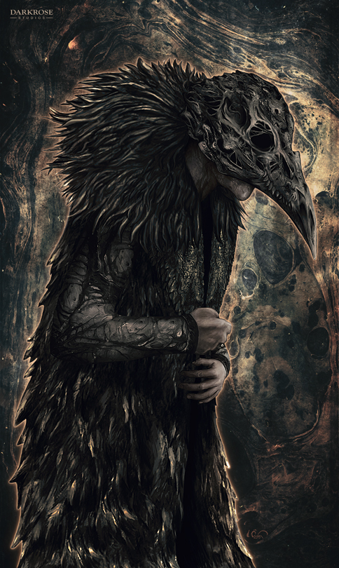 crow creepy Scary bizarre horror gothic servant villain mask feather card illustration Card Art utkuozden
