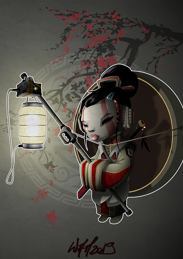 geisha asia japan cherrytree lantern light vector Flowers robot girl