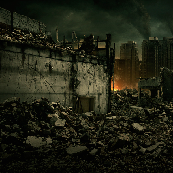 Matte-painting apocalypse postapocalyptic dark night justitia retouch suburban terrorist