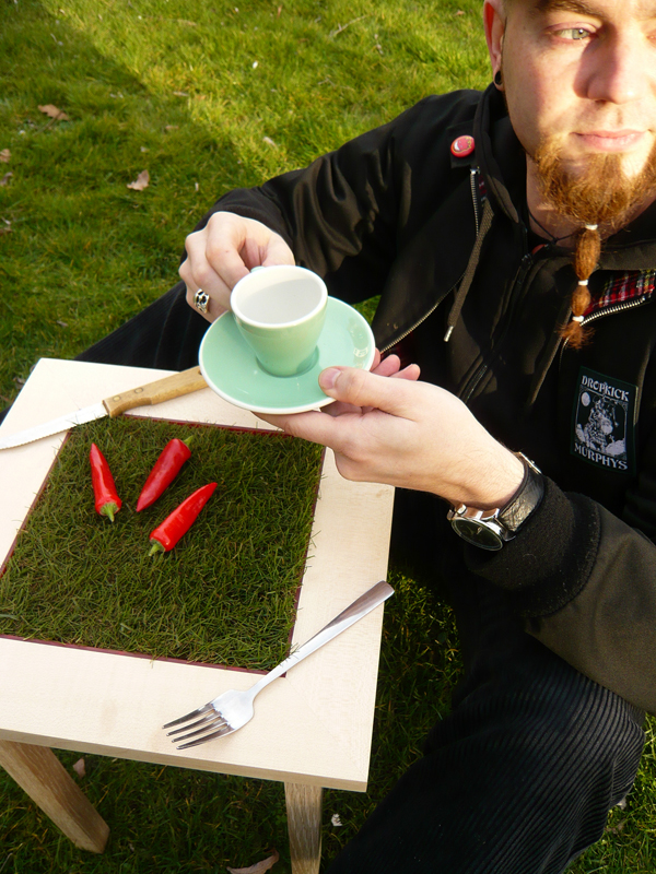 grass table picnic indoor experimental interactive furniture alive Nature growth wood cup of tea work in progress documentation