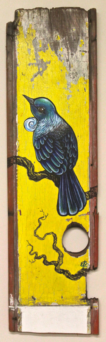 New Zealand  Wood  recycle  acrylic paint hand made  native  bird birds  old  painting house  tui  fantail silver-eye