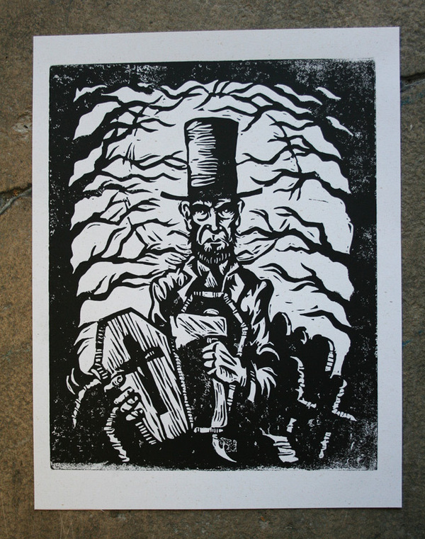 letterpress Linoprint woodblock linoblock Abe Lincoln vampire grave yard gothic american gothic history america literature American History t-shirt tee print