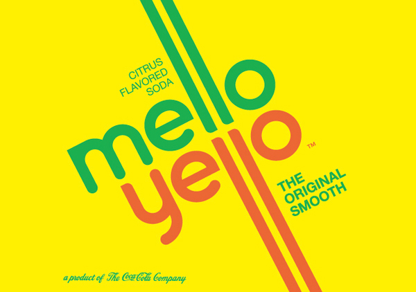 Coca Cola citrus Mello Yello drink logo identity Retro type smooth soda 70's Original font yellow cola