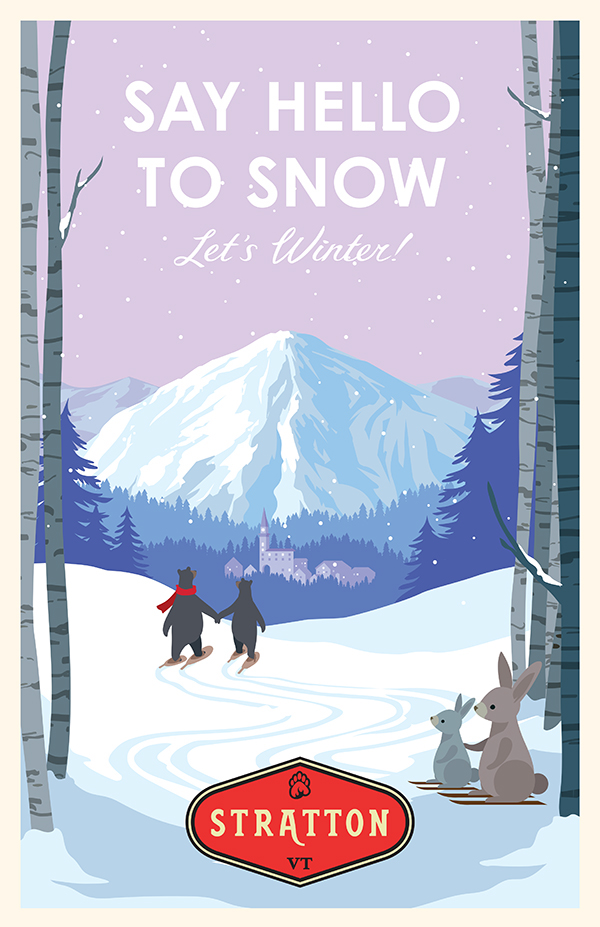 Stratton skiing resort poster subway winter Landscape OOH bear Snowboarding Vermont snow new york city billboard bunny