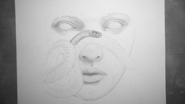 snake face Ancient black pencil woman girl White calm Marble