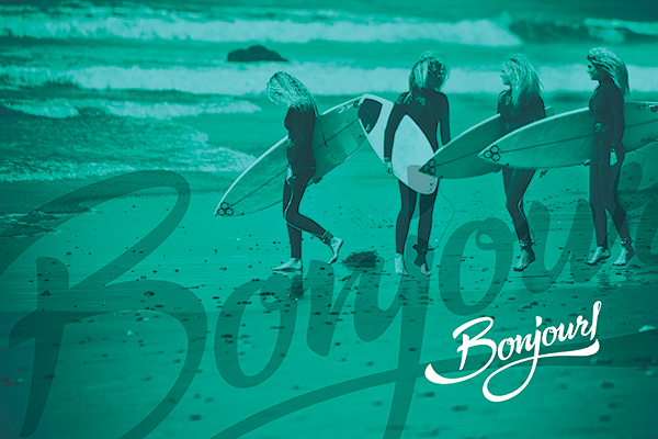 Bonjour! surfboards Surf surfing green lettering Galligraphy