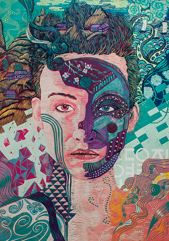 linocut  self-portrait colour linocut Natalia Trepczyk