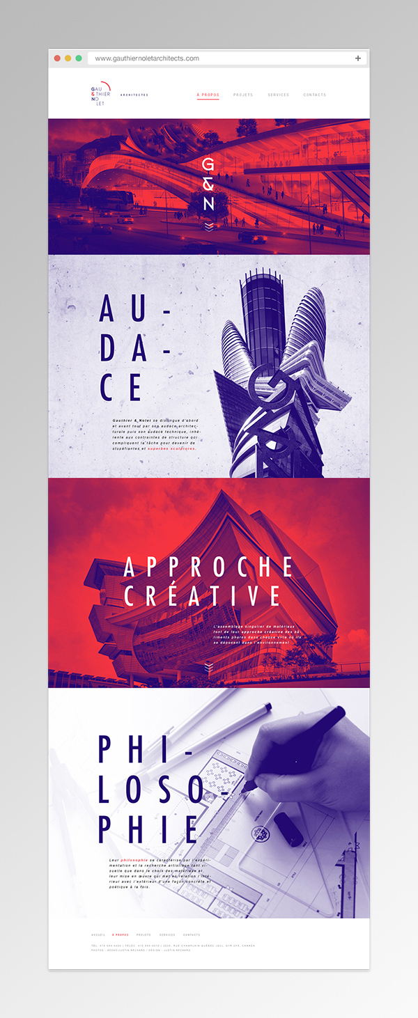 student project Duotone architect building Web print visual identity logo poster corporative Website architect firm Quebec red curves