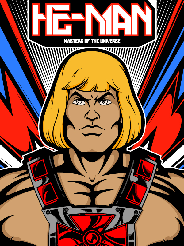 heman Cartoons toys 80s poster print muscles strong blonde face eyes vector Hero warrior