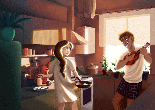 Love romance romantic couple MORNING breakfast kitchen gif DAWN light cooking ukelele life