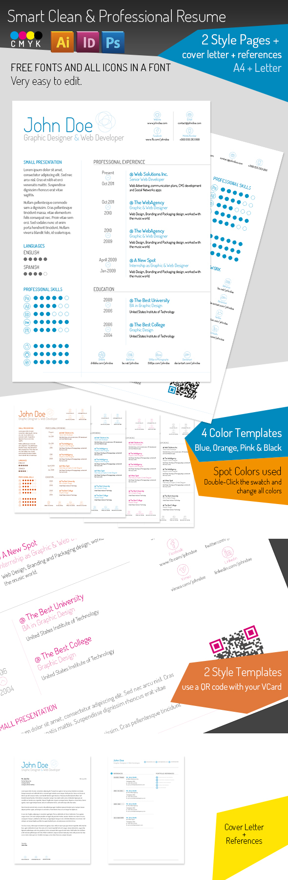 Resume clean professional Style personal a4 letter CMYK corporate curriculum Vitae editable social word photoshop