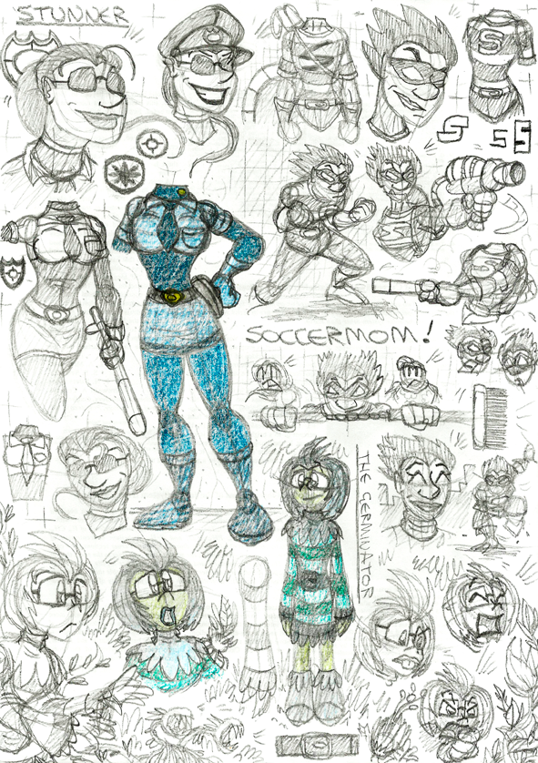 superheroes Fight Squad concepts Parody humour supervillains pencil sketches monsters mutants black and white colour comics vigilantes comic books development art