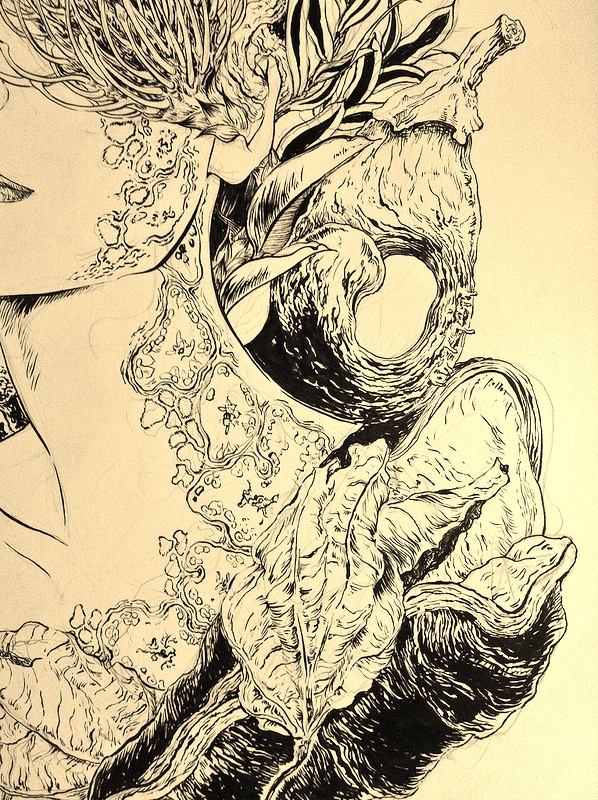 art illust flower Lady pen ink draw White black
