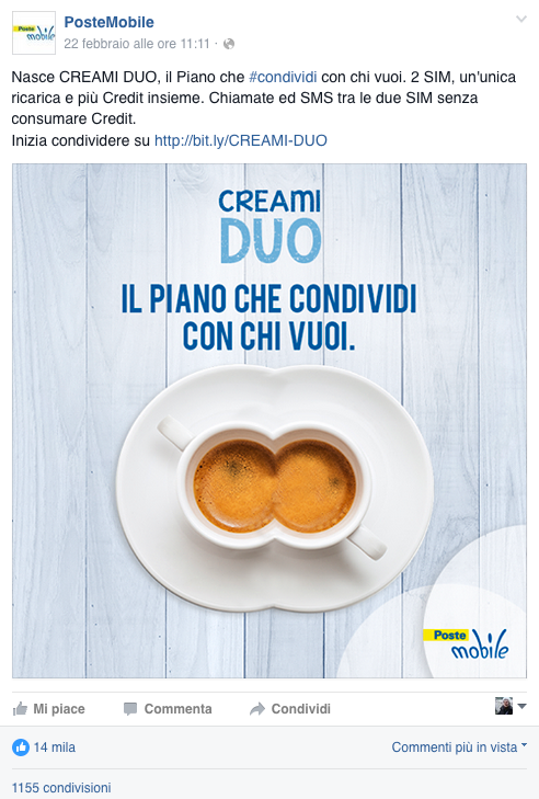 condivisione insieme gusto together sharing Food  tariffa PosteMobile chiamate SMS Internet duo Two facebook social