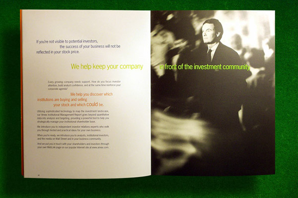 American Stock Exchange brochure finance financial graphing Photo Shoot Art Direction Model Making investing Investment Stock market blue green orange Black and white photography Tritone Pantone Color Match Press Run Direction print Printing Collateral