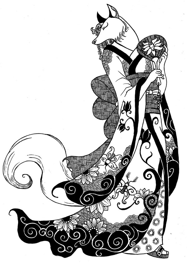 black and white asian japanese fantasy dragon kitsune tanuki yeti interior illustration