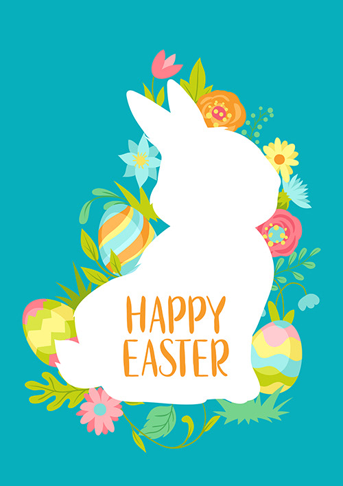happy Easter greeting card cute bunnies eggs Flowers celebration party