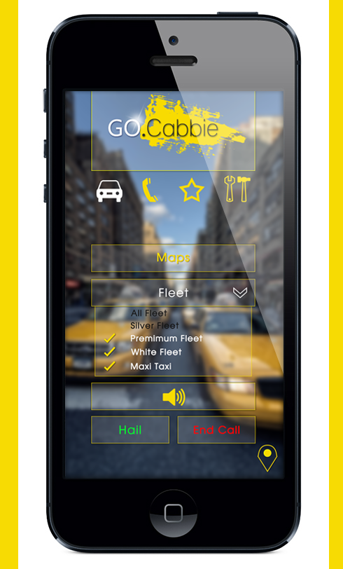 go cab GoCabbie hail taxi hire driver traveler passenger Hire car yellow black UI ux iphone app