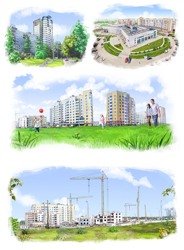 neresta Technical Design photomanipulation watercolour digital houses Urban city Tree  green Sun SKY process