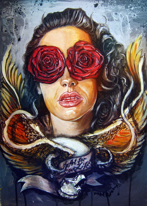 portrait acrylics canvas layne staley Roses wings girl woman