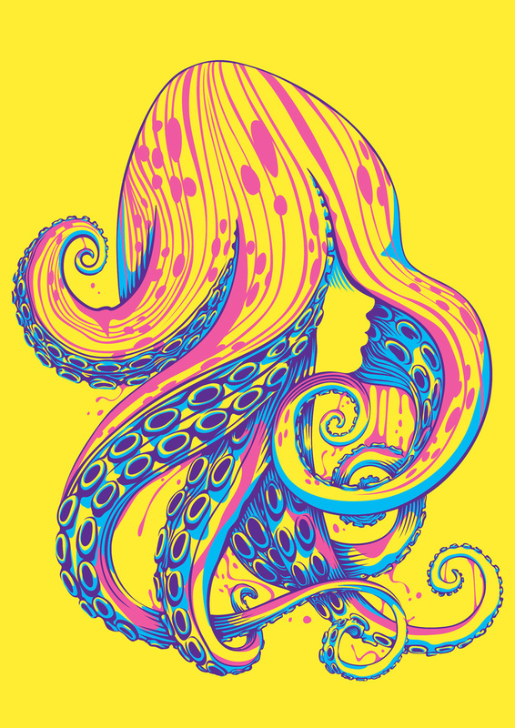 vector octopus Squid hair magenta cyan yellow psychedelic colorful bright art print poster sea creature