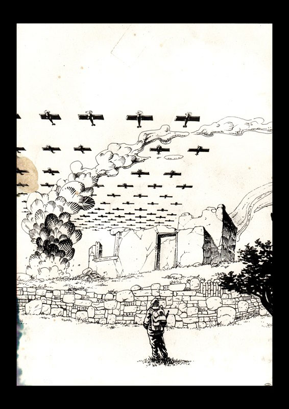 War Guerra army airplanes pig comic ink black and white