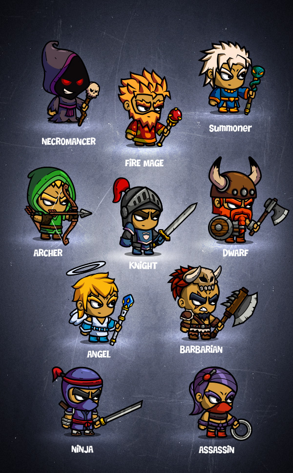 cartoon Character rpg game mobile vector art design product box knight archer mage dwarf