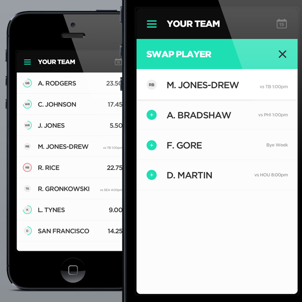 mobile  mobile design  UI user interface  Menu  sports  app green  white  stats  lists
