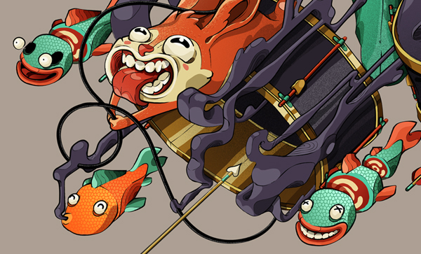 musica bateria FOX Roca pez conejo ilustracion cartel magazin musico caracter personajes diseño