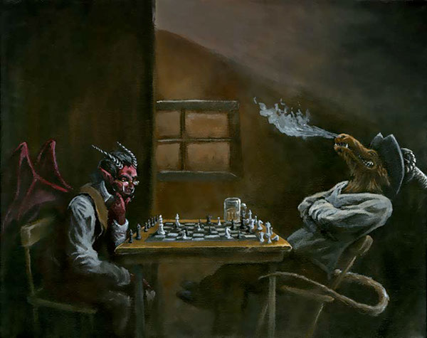 Two Demons Playing A Rousing Game of Chess. 