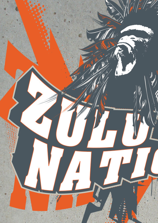 3monkeys Entertainment gorilla feather Zulu nation concrete skateboard deck deckdesign design darkgrey orange White Tommy-Brix