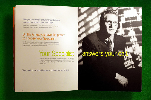 American Stock Exchange brochure finance financial graphing Photo Shoot Art Direction Model Making investing Investment Stock market blue green orange Black and white photography Tritone Pantone Color Match Press Run Direction print Printing Collateral