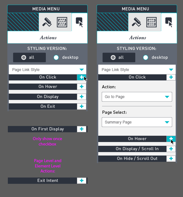 Website Bulder web app Readz If/Then Actions Input Configuration